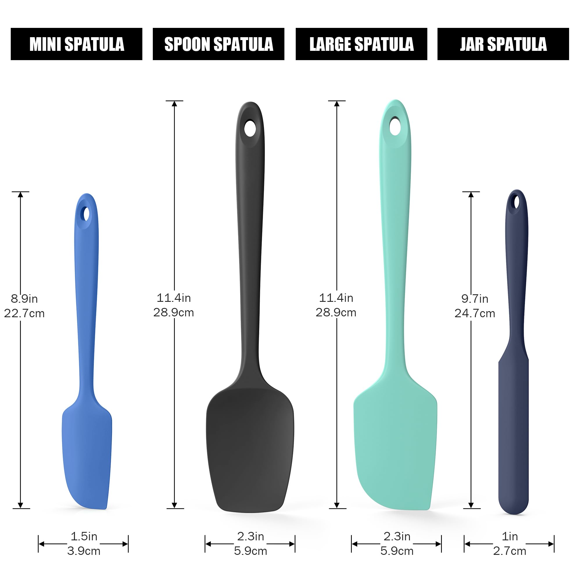 4-Piece Silicone Spatula Scrapers: Doosu 600°F Heat Resistant Food Grade Kitchen BPA Free Rubber Baking Cooking Tool Nonstick Utensil Set for Mixing, Scraping, Folding, Stirring, Serving (Multi-3)