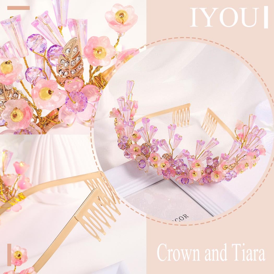 IYOU Rhinestone Wedding Headband Crown Purple Flower Hair Bands Tiaras Crystal Bridal Hair Accessories for Women - Image 3
