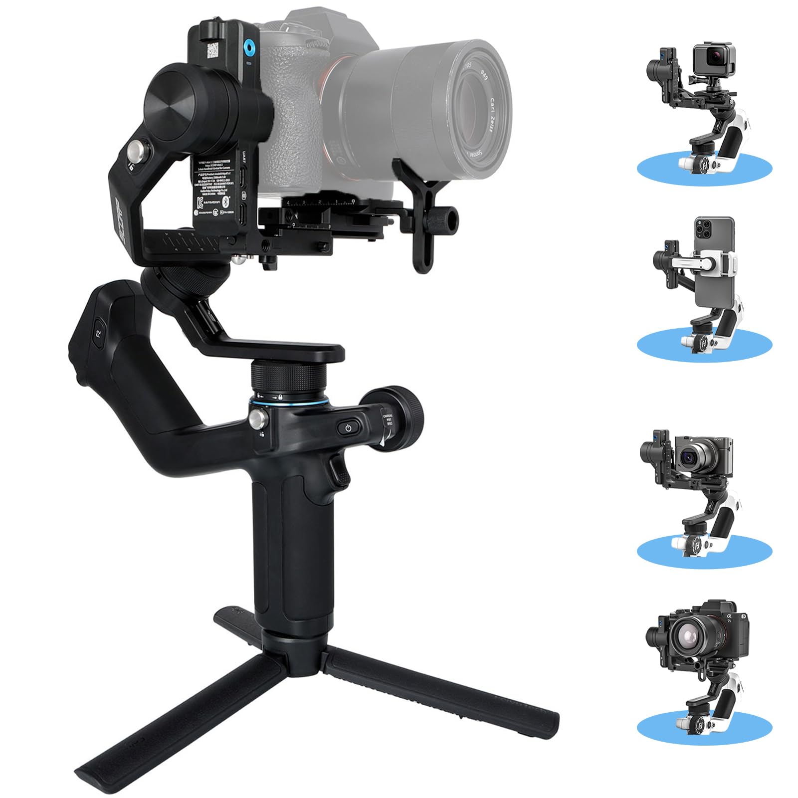 Feiyu SCORP Mini-2 All-in-1 Gimbal Stabilizer Mirrorless Cameras, Action Camera and Smartphones. Built in AI Facial Tracking Sensor | Gesture Control | Dual-Handle Grip | Payload 2.65 lbs - Black
