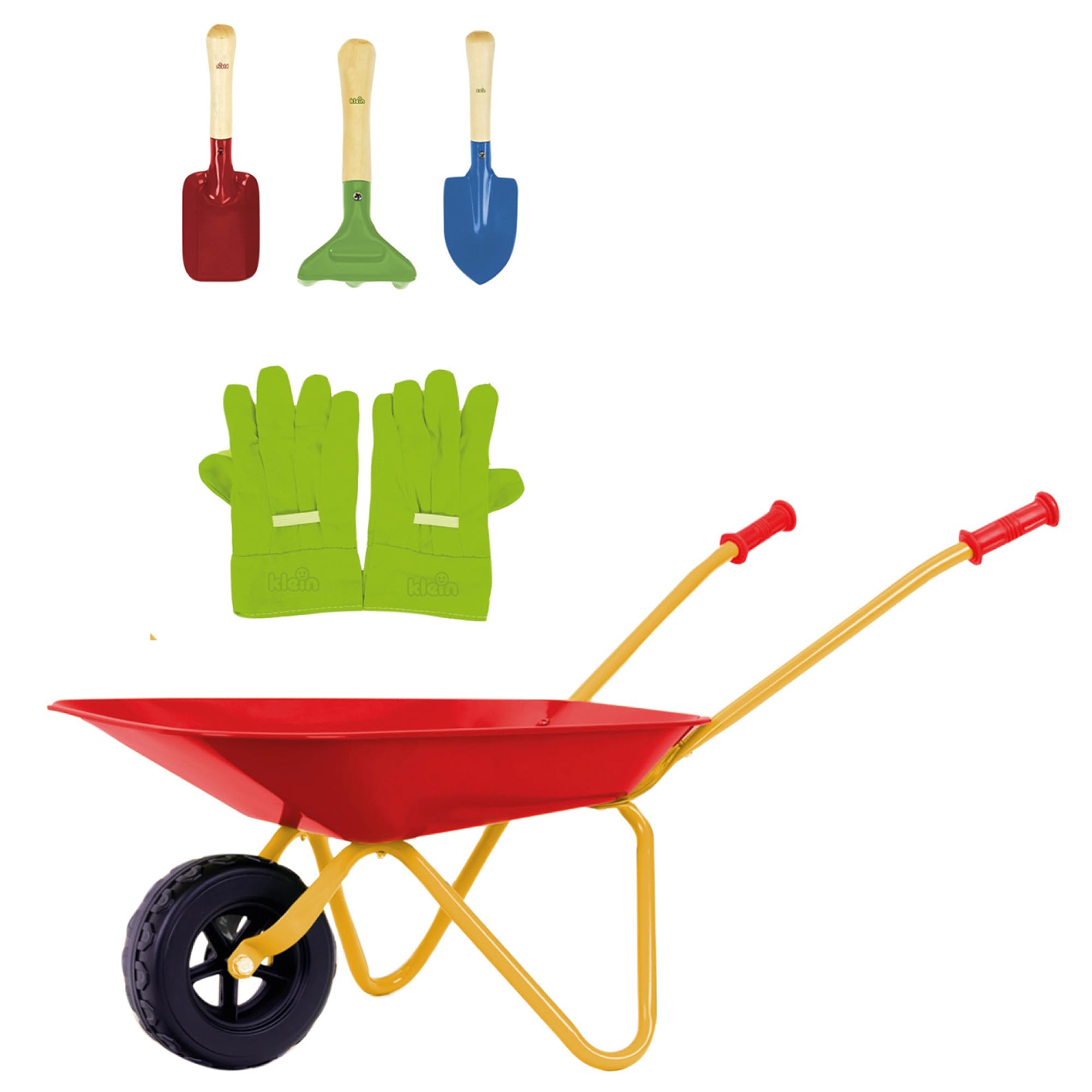 Theo Klein 7669 Carriola per bambini con accessori I In metallo, portata fino a 10 chili I Include robusti attrezzi da gioco di giardino I Giocattoli per bambini dai 3 anni in su