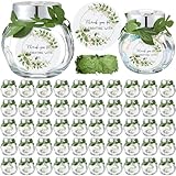 50 Pcs 1.5 oz Mini Glass Jars with Lids Small Honey Candy Jar Party Favor Green Leaf Ribbon and Labels Tiny Mason Candy Containers for Wedding Favor Bridal Baby Shower Gift Spice Honey Sugar Herb