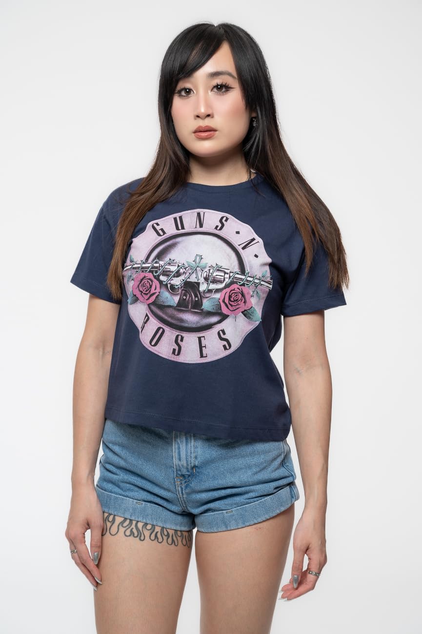 Rock Off officially licensed products Guns N' Roses Crop Top T Shirt Classic Band Logo Nouveau Officiel Femme Navy
