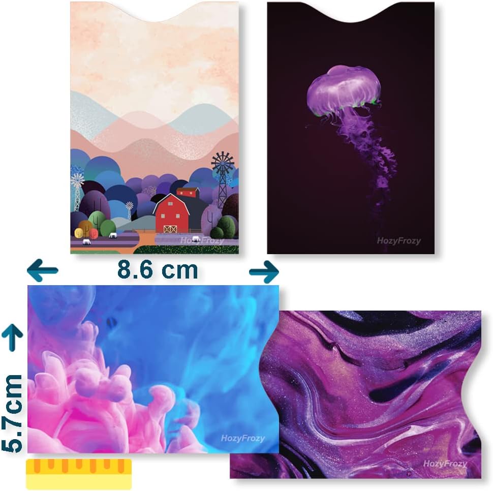 8 RFID Blocking Sleeves, Unique Designs and Arts in Purple, Anti-Theft Credit Card Holder, Credit Card Protector, Easy to Recognize, Sturdy and Perfect size for cards