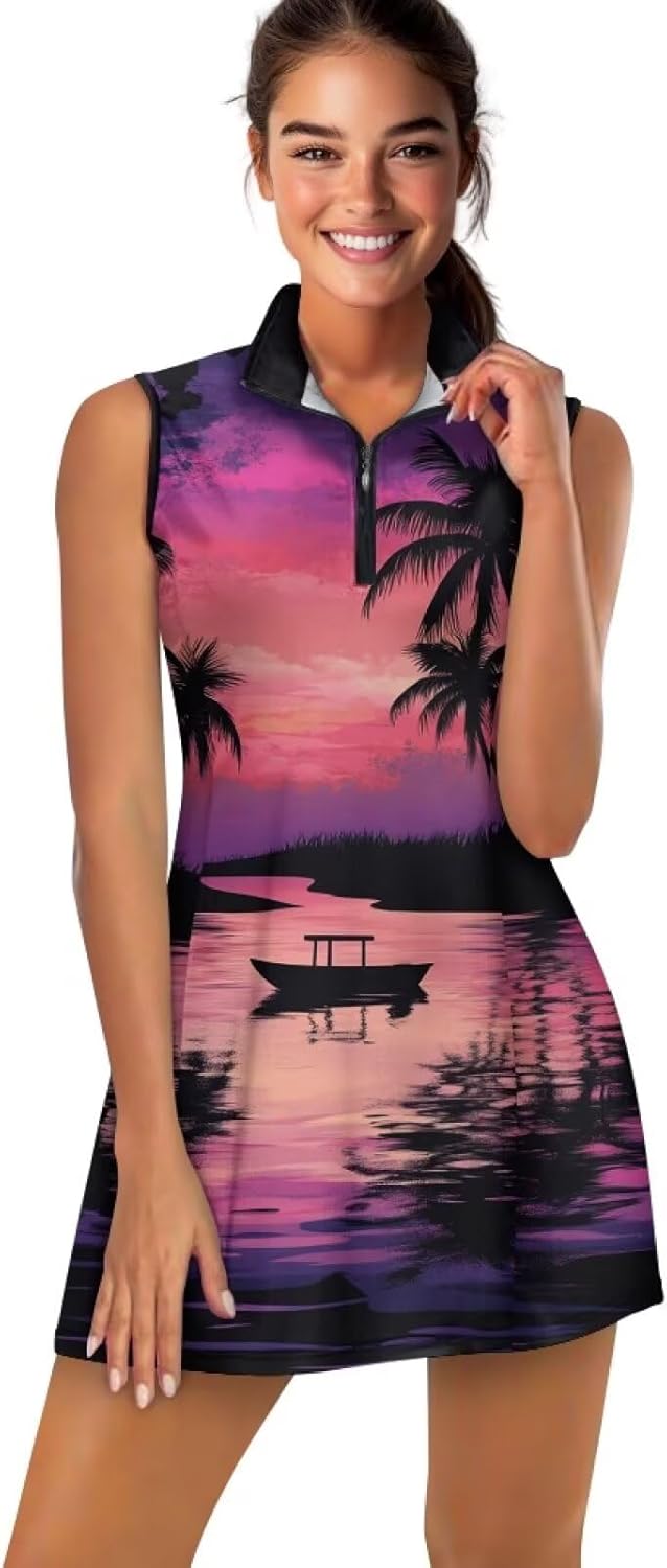 Women's Tennis Dress with Shorts Workout Athletic Dress with Pockets for Women 2 Pcs Set Pleat Dress Golf Clothes with Zipper