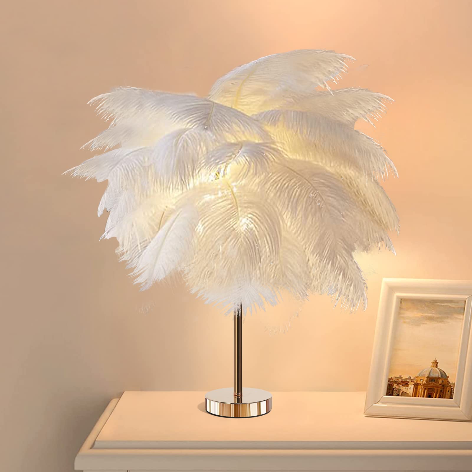 Ostrich Feather Table Lamp With Plug-in Wire - 5-Light Modern Bedside Lamp, Golden Body for Bedroom Nightstand, Desk Night Light (White)