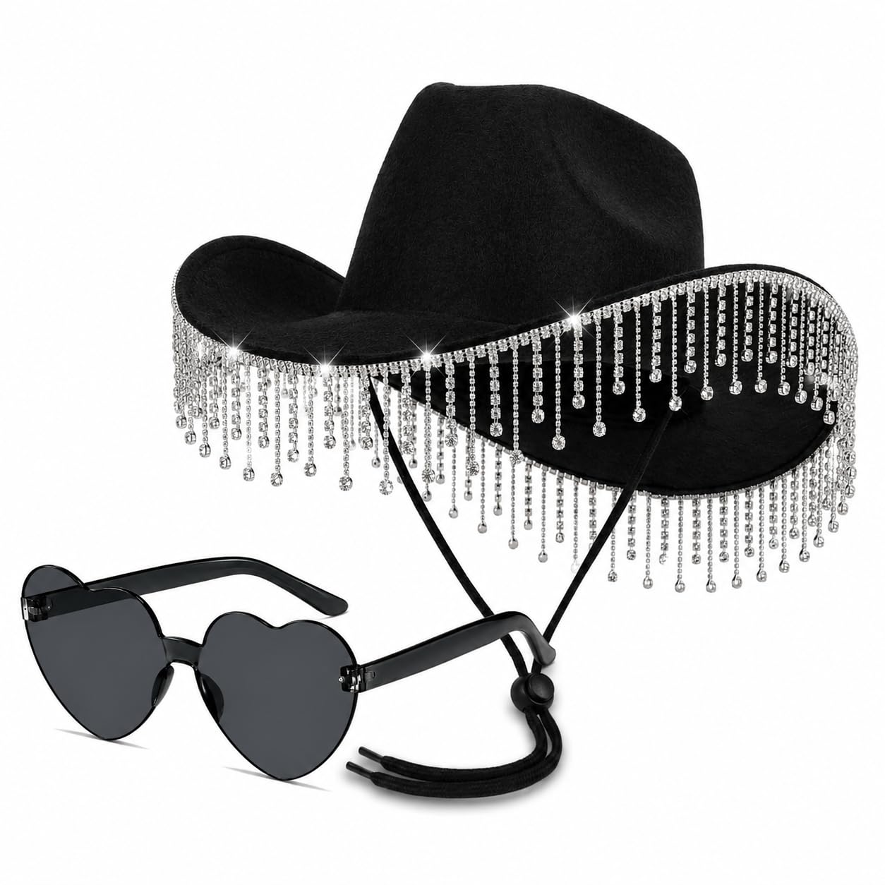 Diamante Cowboy Hat and Heart Shaped Glasses Cowboy Accessories for Women Wild West Fancy Dress - Rhinestone Cowgirl Hat and Heart Glasses Cowgirl Accessories (Black)