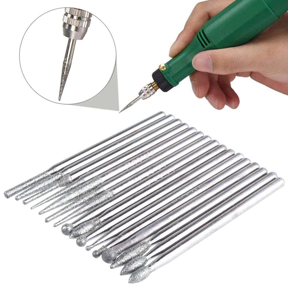 Wolfride 30Pcs Diamond Burr Set Diamond Drill Bit 2.35mm Shank for Gemstone, Sea Shell, Glass, Ceramic, Metal