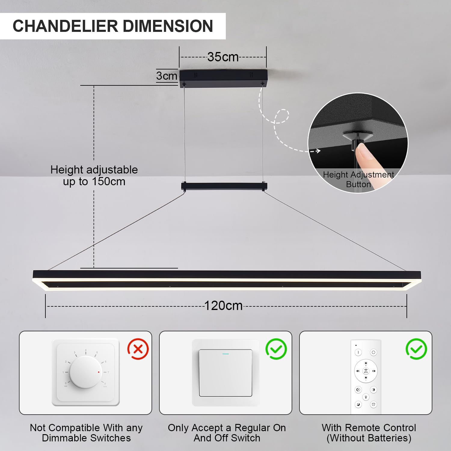 120 cm nowoczesna lampa wisząca LED, 52W czarny żyrandol sufitowy | Prostokątna lampa wisząca z pilotem zdalnego sterowania i pamięcią, regulacja czasu, wysokość do jadalni, kuchni, biura