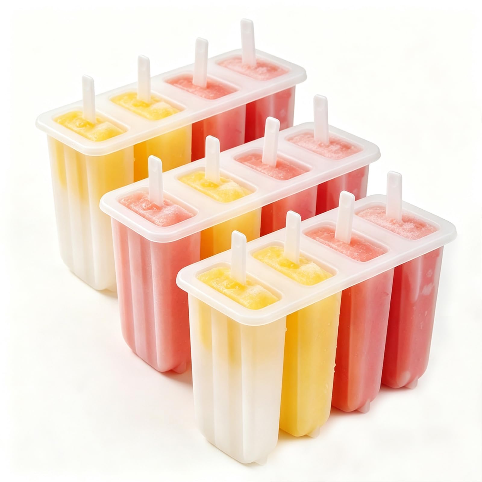 Ice Lolly Moulds with Sticks, Reusable Popsicle Mould with 4 Compartment, Homemade Ice Cream Moulds, 15x5x8cm (3Pcs)