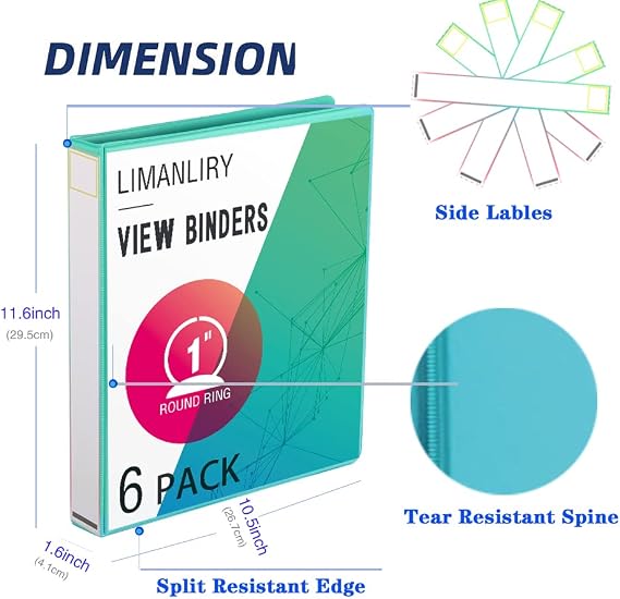 6 Pack 1 Inch Binders & 6 Sets 8 Tab Plastic Dividers
