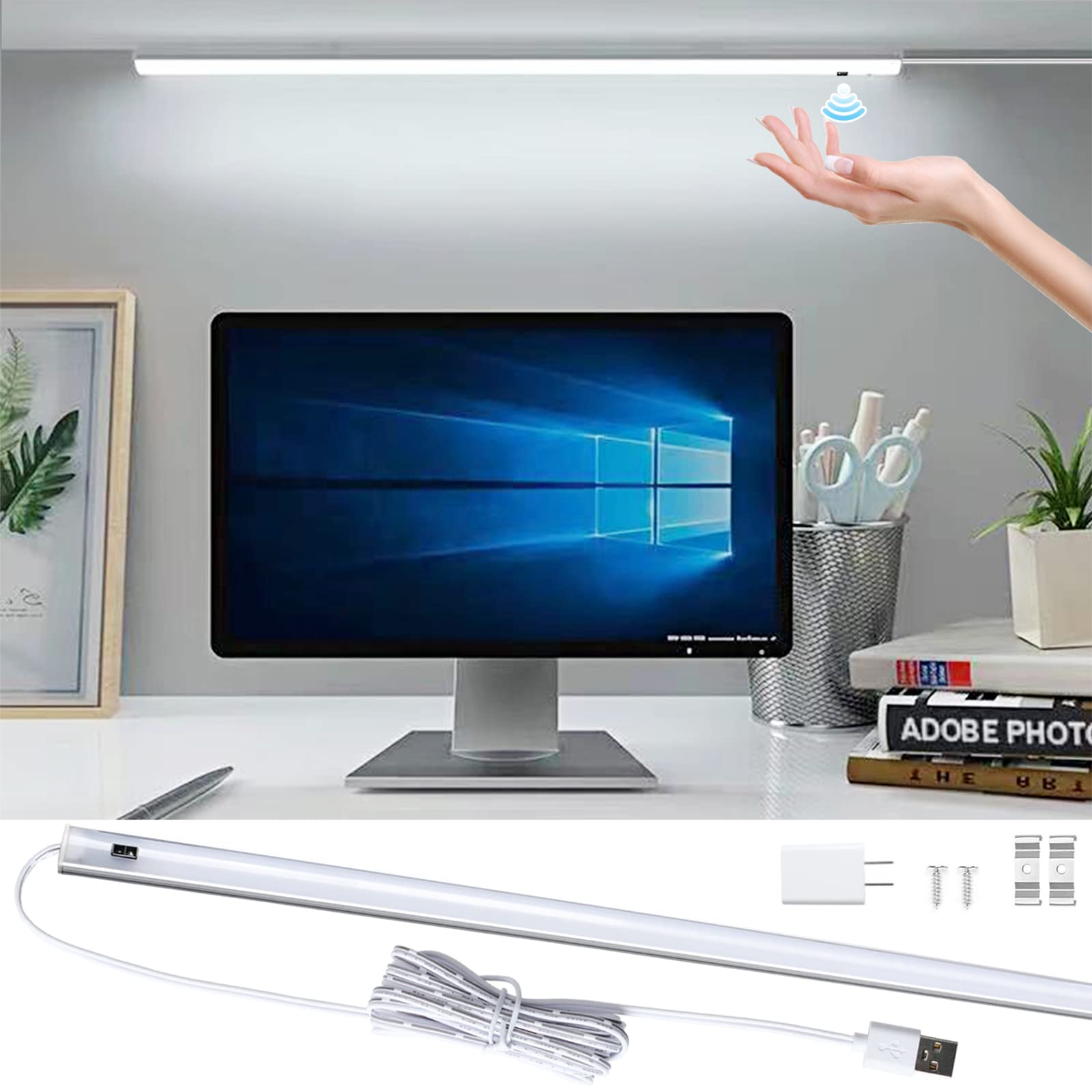 LED バーライト 60cm キッチンライト 9W 6000K 昼光色 0.7cm超薄型 無段調光 タッチレス 手元灯 流し元灯 センサーライト 非接触 ACアダプター付き 台所 棚下 間接照明 工事不要 (昼光色, 60cm)