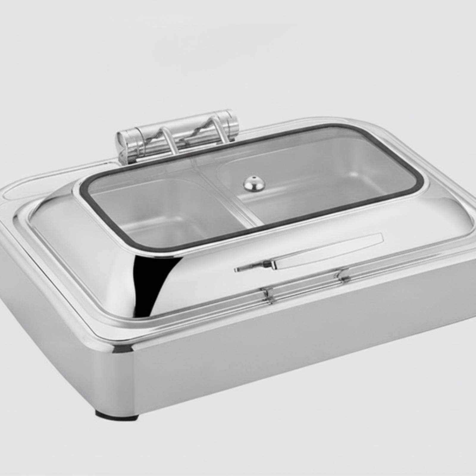 Scaldavivande con Coperchio in Vetro Professionale Scaldavivande in Acciaio Inox da Tavolo Chafing Dish per Catering, Rettangolare, Con Telaio Di Lusso Display Digitale, Doppio Scomparto