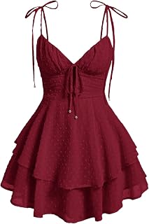 SHENHE Women's Tie Shoulder Layered Ruffle Hem Swiss Dots Flowy Swing Deep V Mini Dress