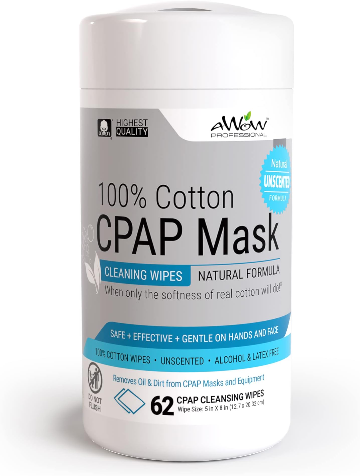 Unscented Cotton CPAP Mask Cleaning Wipes, 62 Wipes, Natural Formula