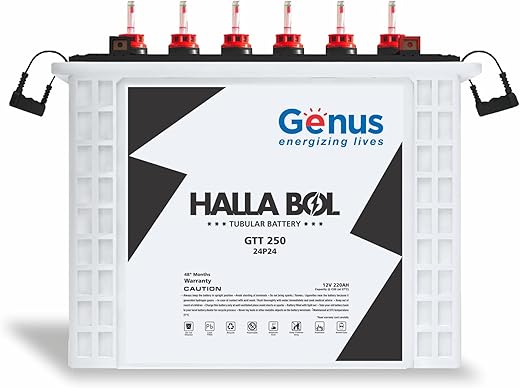Genus Hallabol GTT250 Tall Tubular 220 AH Inverter Battery for Home, Office or Solar Use, 48 Months Warranty, Black & White