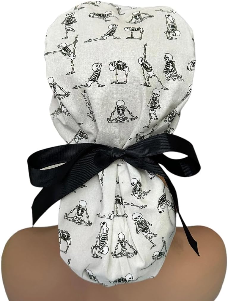 Yoga Skeletons Ponytail Scrub Cap for Women, Surgical Hat for Long Hair, Satin Lining Optional