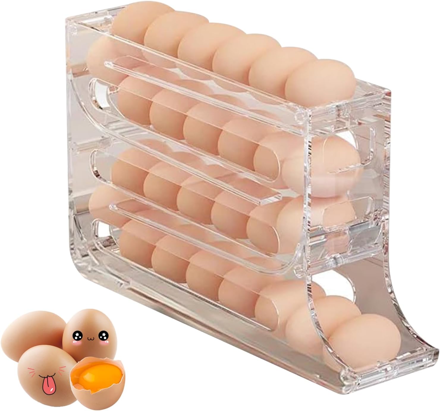 Egg Holder for Fridge, Space Saving Fridge Egg Organizer, 4 Layers Rolling Egg Dispenser Storage 30 Egg, Egg Dispenser for Refrigerator (Transparent)
