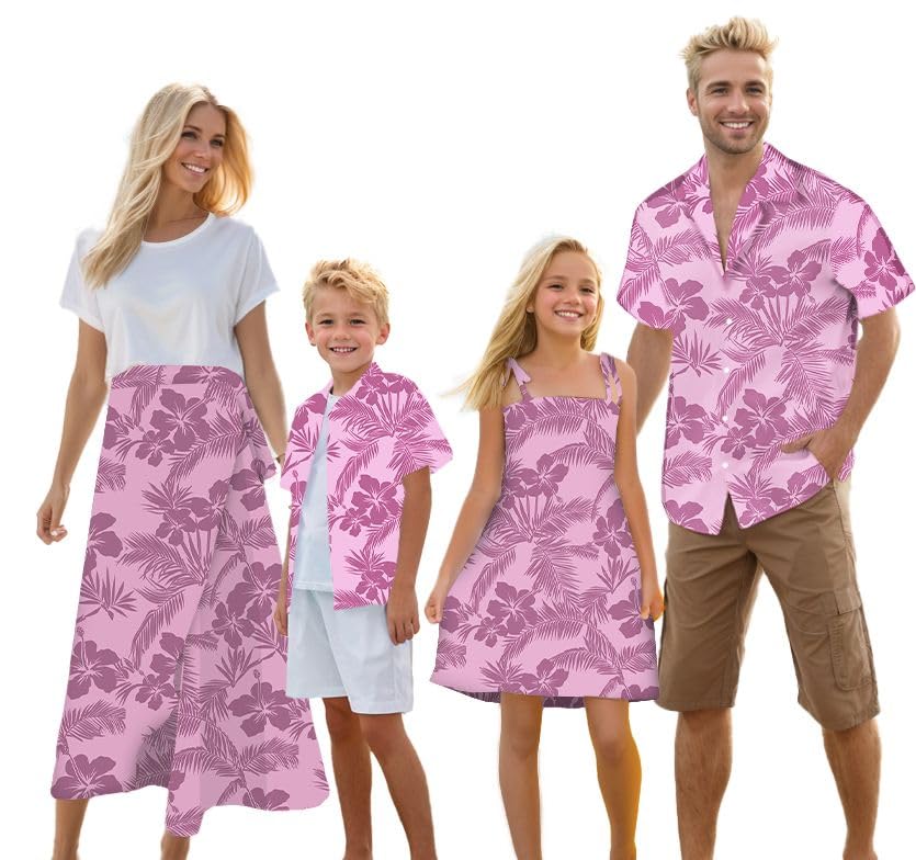 Image of Cromoncent Matching Hawaiian Outfits for Family, Dad and Son Matching Luau Beach Tropical Shirts Mommy Daughter Tropical Sets