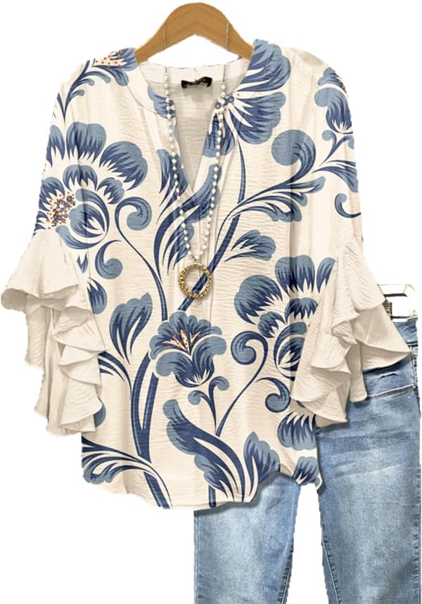 DEPENSL Womens Blouses Dressy Casual Boho Floral Printed 3/4 Ruffle Tops Trendy 2026