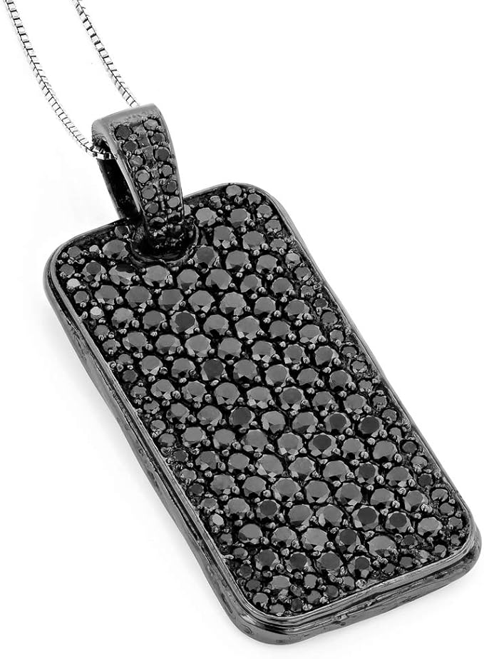 Mens Black Dog Tag Round Diamond Pendant 7.15ctw in Sterling Silver