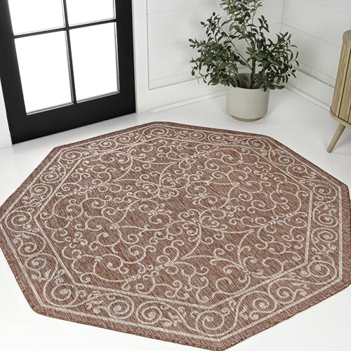 JONATHAN Y SMB106B-5TGN Charleston Vintage Filigree Textured Weave Red/Beige 5' Octagon Indoor/Outdoor Area Rug, Non-Shedding, Stain Resistant,Fade Resistant, Easy-Cleaning for Backyard Patio, Porch