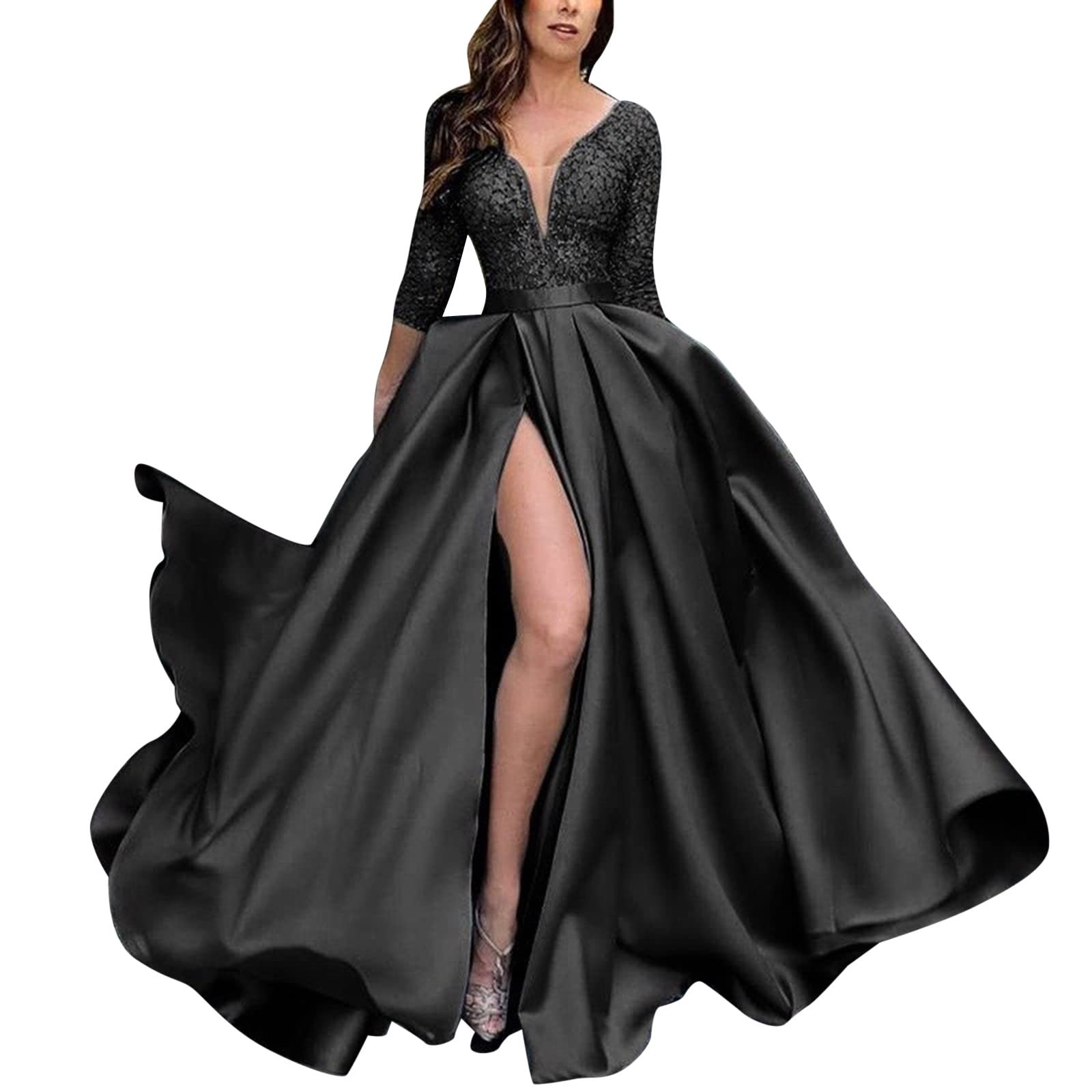 Abendkleider Damen Elegant Lange Ballkleider mit Schlitz A-Linie Hochzeitskleid Abendkleider Tief V-Ausschnitt Langarm Brautkleid Kleider Festlich Kleider Cocktailkleid