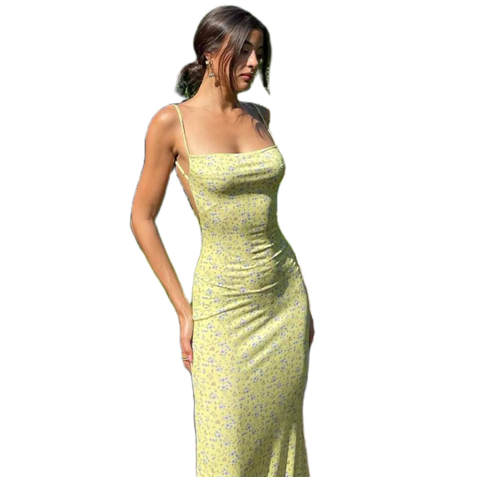 Betrodi Vestido largo sin espalda para mujer, sin mangas, sexy, estampado floral, vestidos de cóctel bodycon con correa de espagueti vestido largo Y2K, Un lindo amarillo