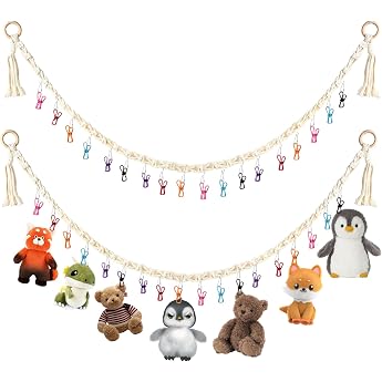 Pack of 2 Soft Toy Storage 200 cm Long Cuddly Toy Plush Toy Storage Boho Stuffed Toy Holder Hanging with 40 Clips Net for Cuddly Toys Photos Decoration