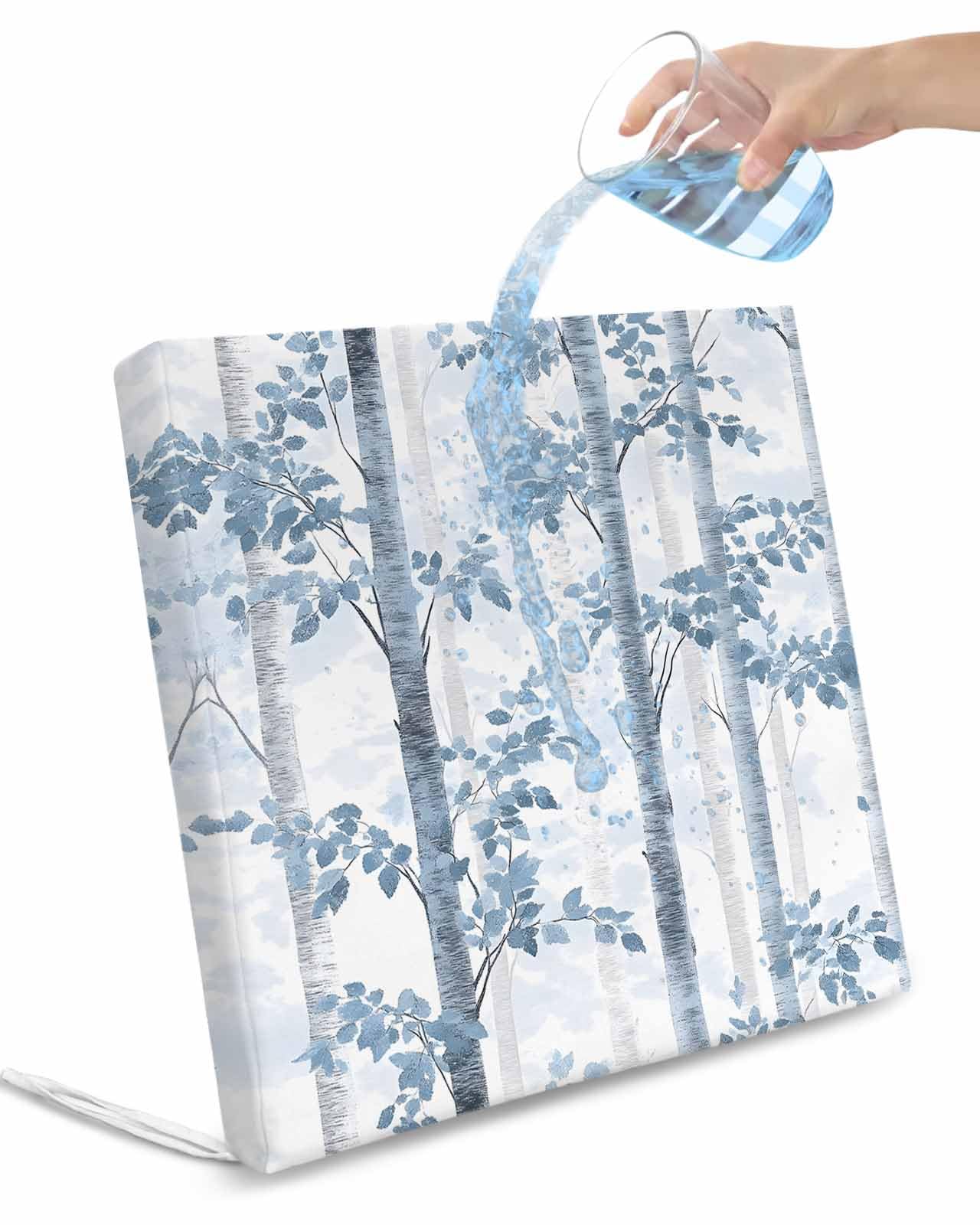 2 Pack Blue Gray Forest Waterproof Cushion Covers with Ties, Outdoor Patio Chaise Lounge Chair Seat Cushion Slip Covers Replacement(Only Cover) Watercolor Tree Blue Leaves 22