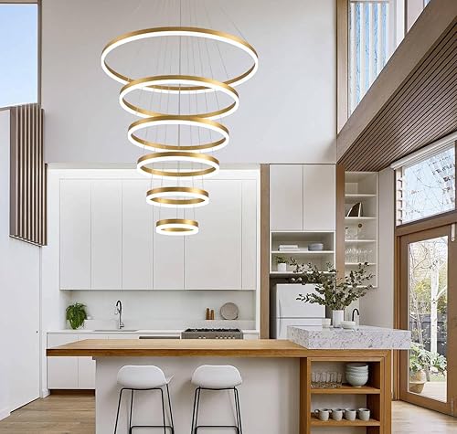 Miniatura 8 de Candelabro LED moderno con 6 anillos, luz colgante circular regulable con control remoto, lámpara colgante grande de techo alto negro para