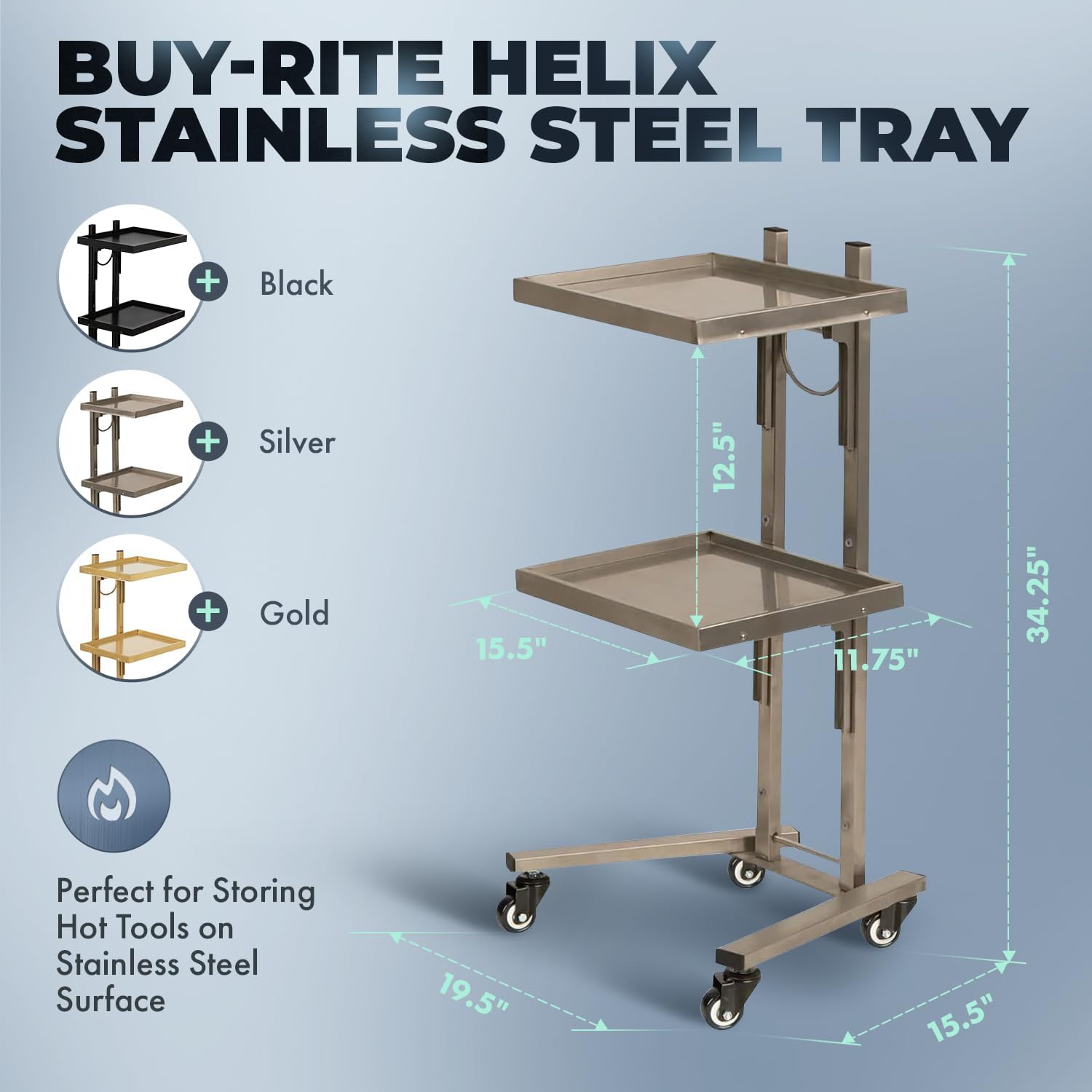Buy-Rite Helix Salon Tray - Stainless Steel Cart with 2 Collapsible Trays, Built-in Shelf, Large Wheels & Easy Storage - Ideal for Spas, Barbershops & Schools, NIN-588