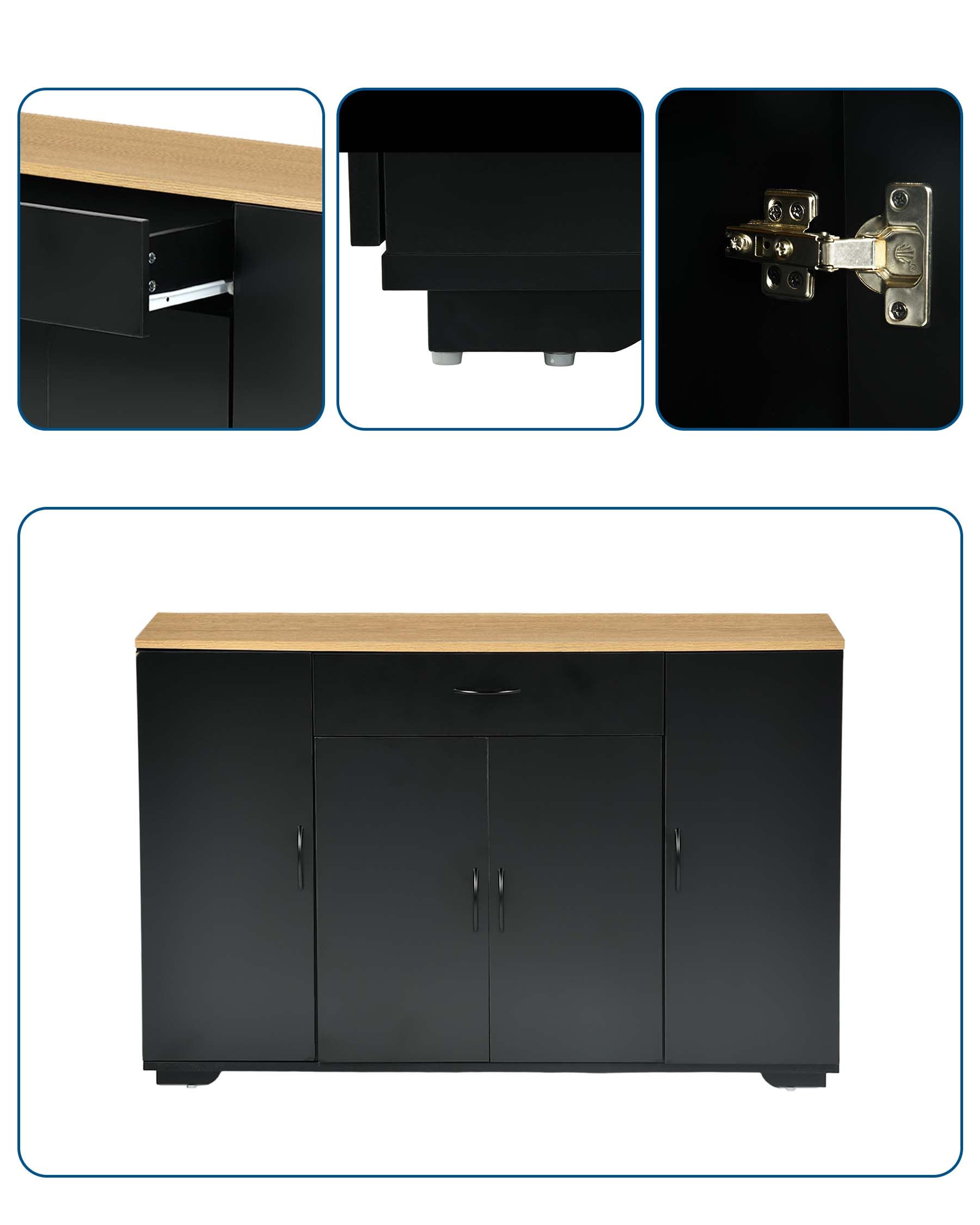 hitsuki Armoire de cuisine avec plan de travail, commode de cuisine, noire, 110 x 30 x 70 cm, avec tiroir et 4 portes, armoire de cuisine, buffet étroit avec espace de rangement, pour cuisine, salle à