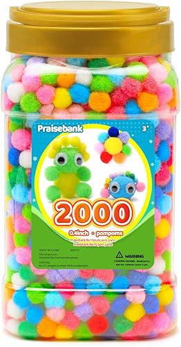 Praisebank Pompones multicolores, 2000 unidades, 0.4 in, pompones para artes y manualidades, pompones en frasco, pompones para manualidades.