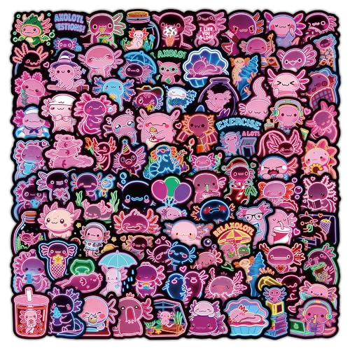 120PCS Neon Axolotl Stickers Cute Cartoon Vinyl Salamander Stickers for Laptop Water Bottle - Waterproof Pink Animal Decals Axolotls Gifts for Kids Teens & Adults