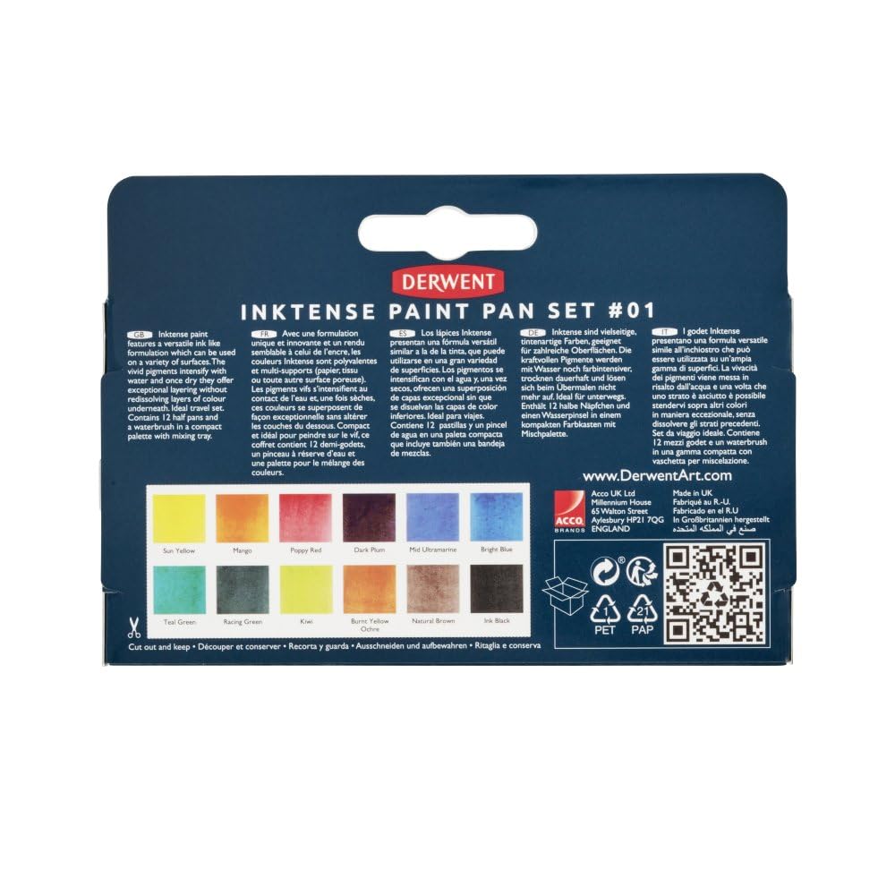 DERWENT Inktense - Palette de Peintures Aquarelles 1 avec 12 Demi-Godets de Peinture, Idéale pour Peindre sur Papier et Tissu, Qualité Professionnelle, Format Voyage, 2306243