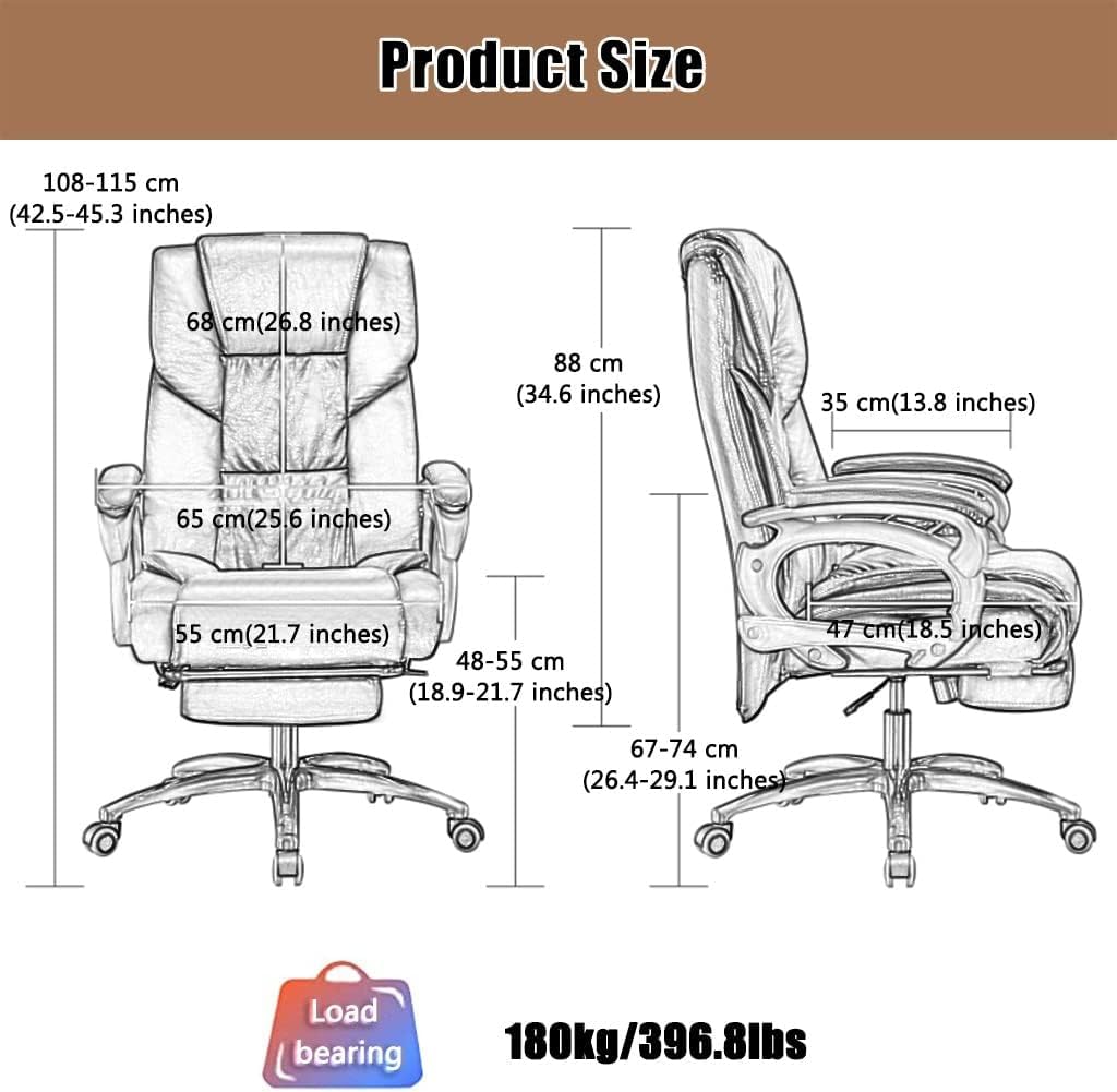 Ergonomiczne, rozkładane krzesło biurowe z podłokietnikami i podnóżkiem do 180 kg, idealne do domu i biura, komfortowe, stylowe wzornictwo P T