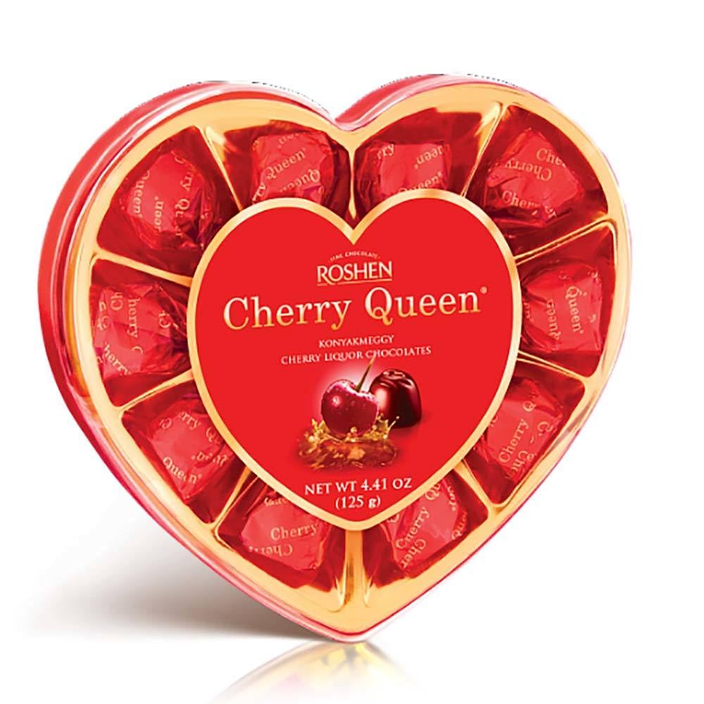 Roshen Cherry Queen Praliné de Chocolate con Licor de Cereza, Caja de Regalo en Forma de Corazón, Bombones Surtidos, 125 g