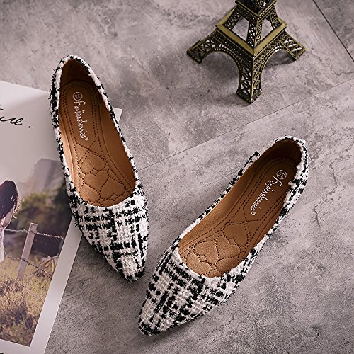Meeshine Womens Classic Pointy Toe Ballet Flats Slip On Plaid Dress Flat Shoes White-02 US 8 - Thumbnail 6