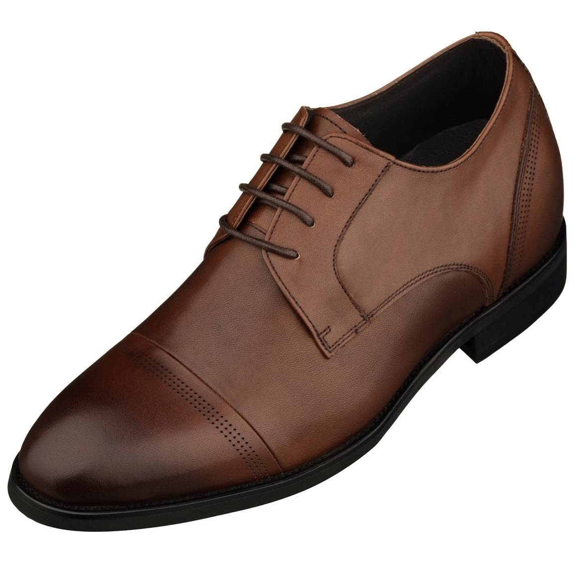 TOTO Men's Invisible Height Increasing Elevator Shoes - Dark Brown Premium Leather Lace-up Micro-Perforated Formal Derby Oxfords - 2.8 Inches Taller -