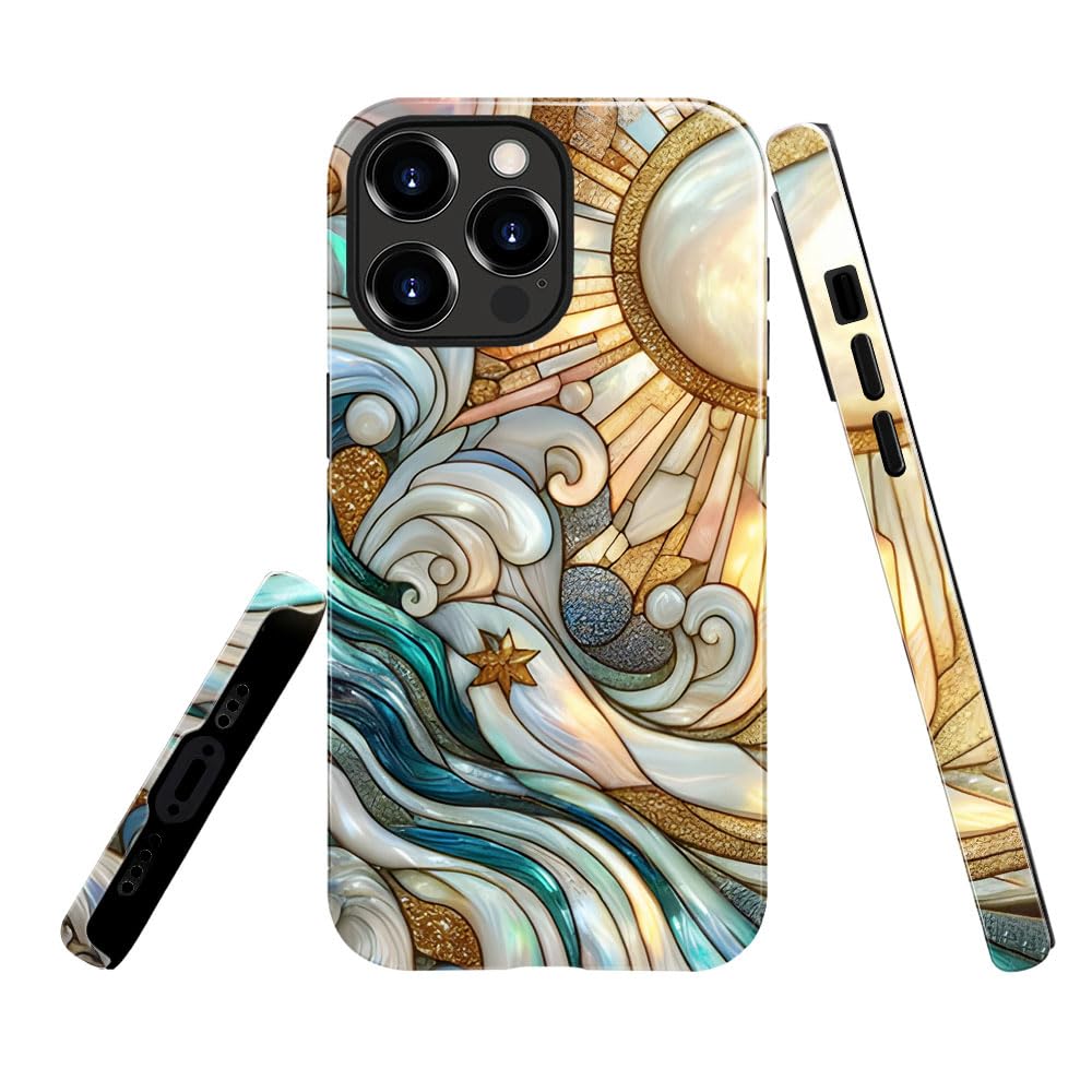 Generic Case Compatible with iPhone 15 Pro - Glossy Hybrid Durable Shockproof Cover,Cases for Woman Girl - Waves Sun Glass Print