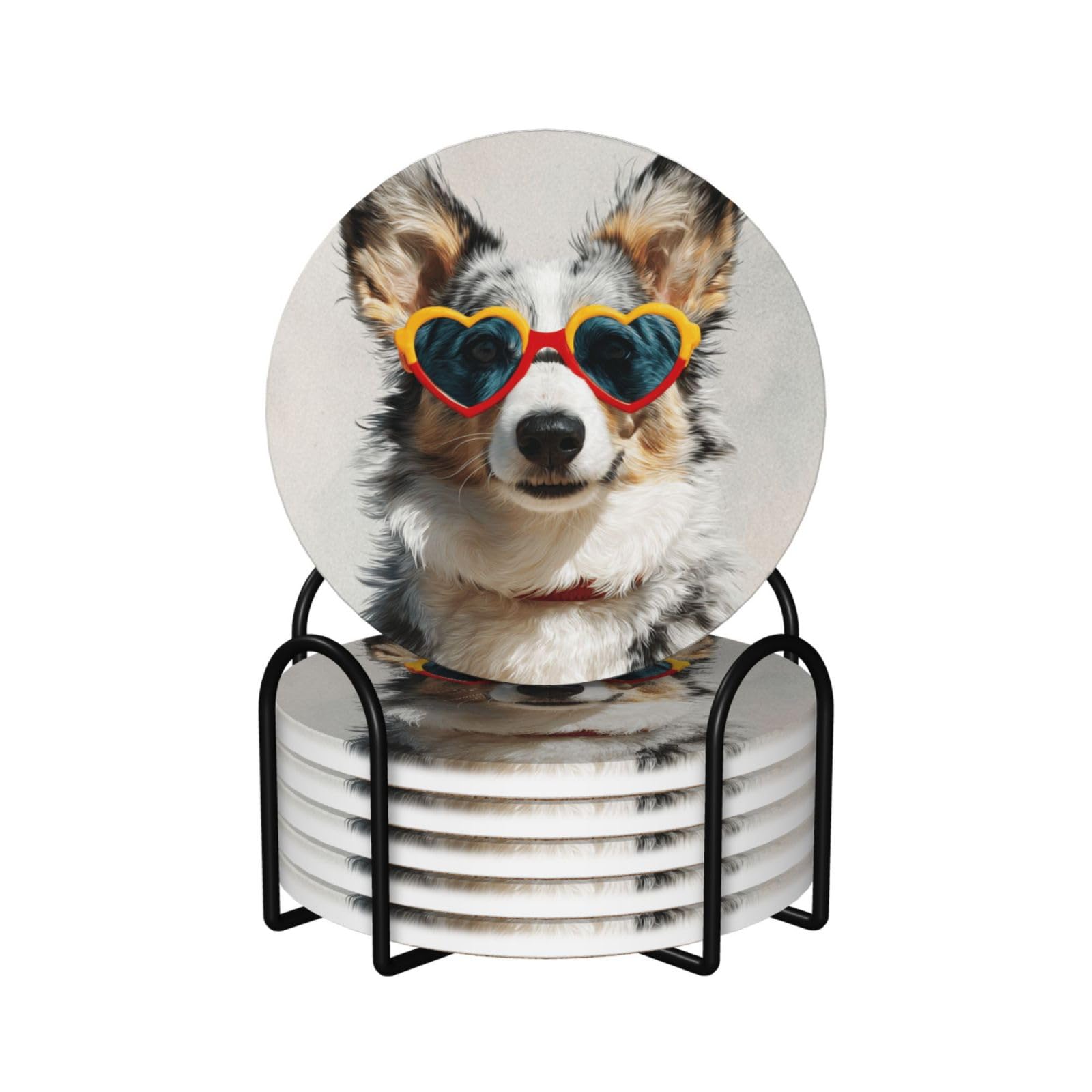 Cute Cool Dog Wearing Heart Sunglasses Ceramic Coasters with Holder 6ps