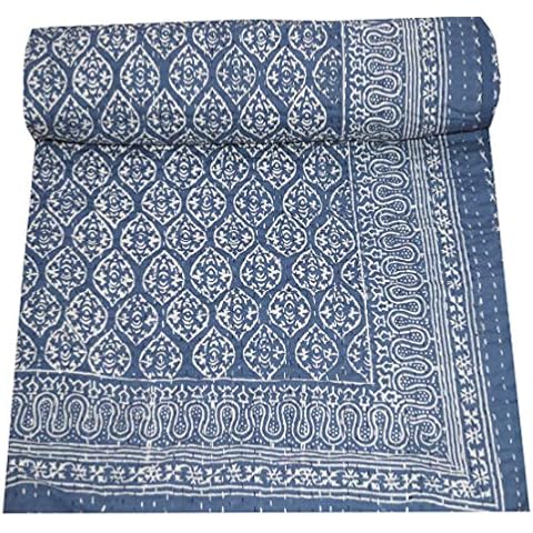 Majisacraft Indigo color Hand Block Printed Kantha Quilt, Queen Size Patchwork Cotton Bedspread Bedding Throw Blanket (Blue) Cover