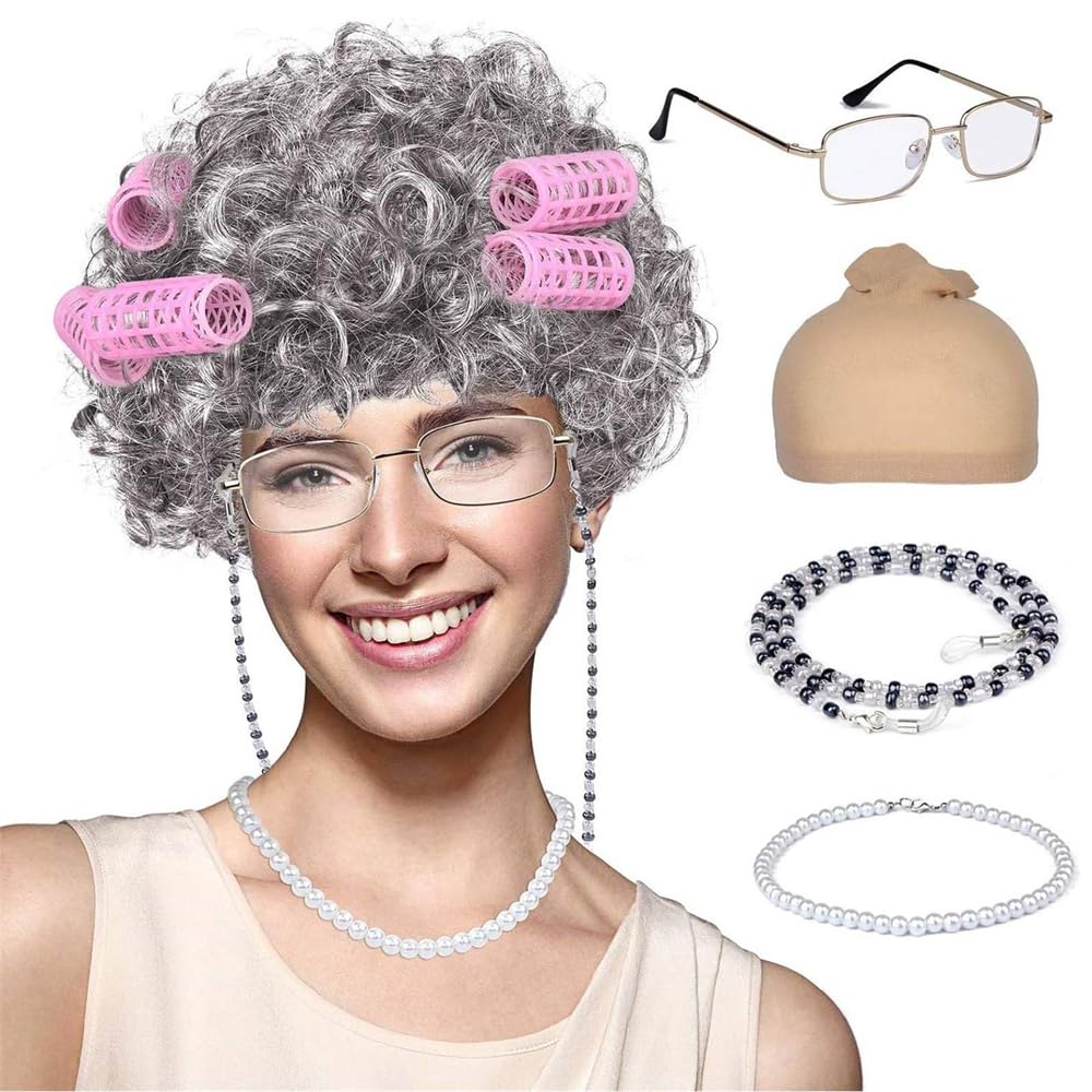 Old Lady Costume Set, Gray Hair Granny Wig, Grandmother Wig, Old Lady Wig, Wig Caps, Madea Granny Glasses, Eyeglass Retainer Chain, Pearl Necklace, Hair Rollers, Old Lady Cosplay Set (5 Pieces)