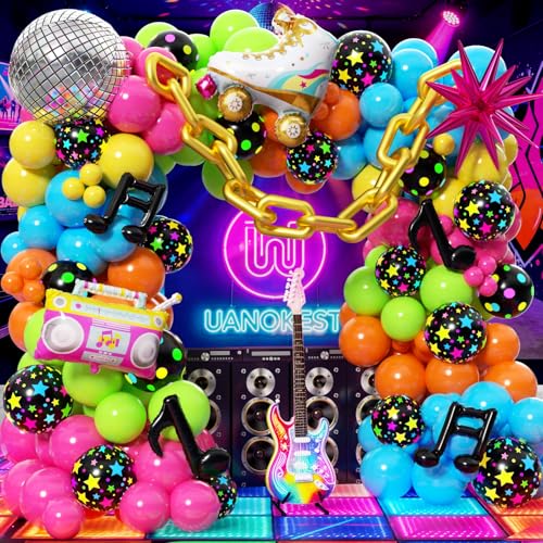 JUNXIAUP 90s 80s Disco Theme Party Decorations 200Pcs Neon Balloon Arch Kit with Disco Ball Radio Roller Skate Musical Note Chain Star Foil Balloons for Back to 90s 80s Hip Hop Birthday Supplies