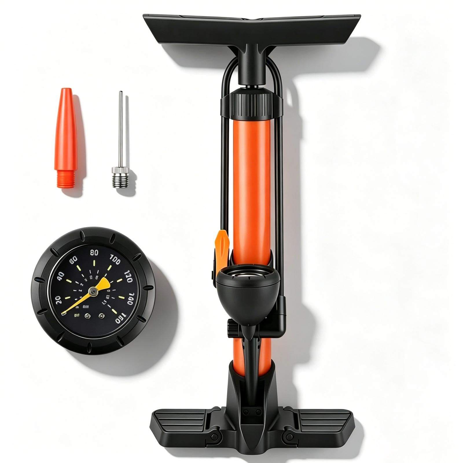 Pompa per Bicicletta da Pavimento con Manometro, Alta Pressione 160 PSI per Valvole Presta e Schrader, Arancione