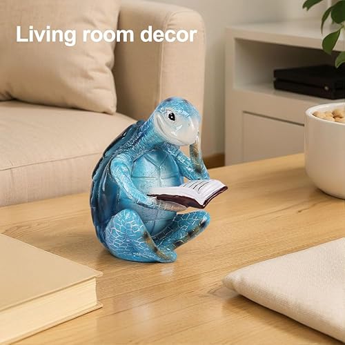 Miniatura 5 de Figuras de tortuga de lectura para decoración costera de playa, decoración náutica del océano, resina verde azulado, mini estatua de tortuga para
