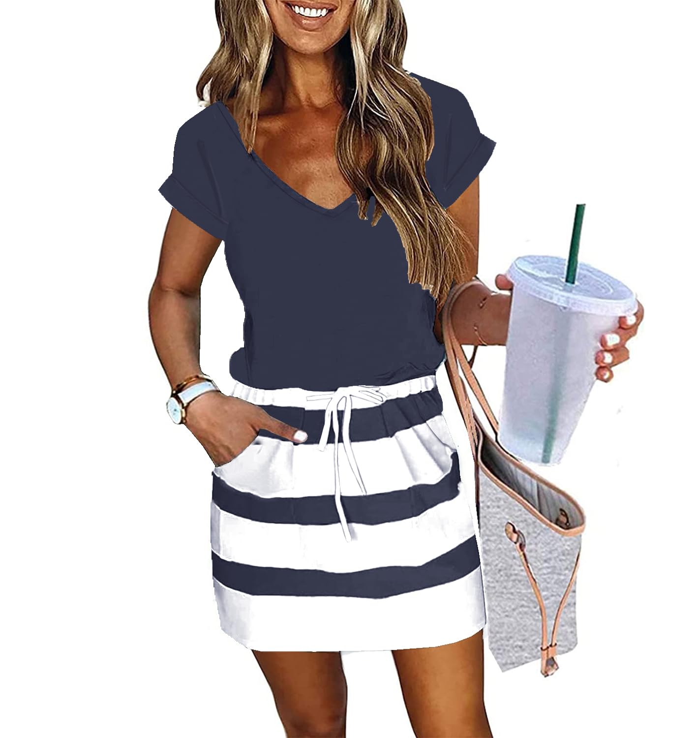 (size:L) ETCYY NEW Womens Summer Dress Lantern Sleeve Square Neck Tie Back Flowy A-Line Double Layer Hem Mini Dress