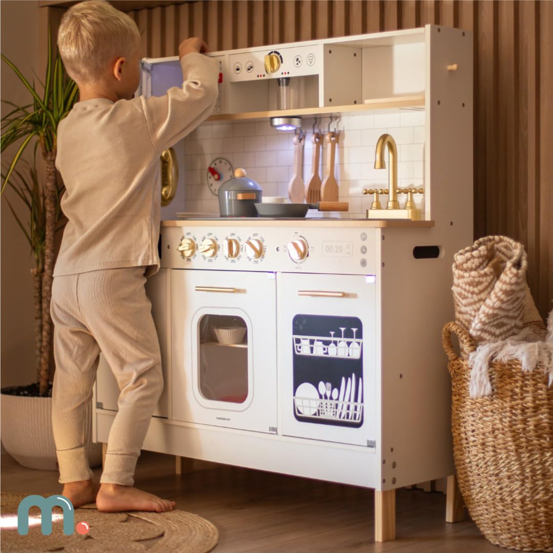 Mamabrum Cocina de Juguete para Niños de Madera con Luces LED - Juguetes Cocina Niños Interactiva con Altura Ajustable - Incluye Microondas, Lavavajillas y Accesorios - 104cm
