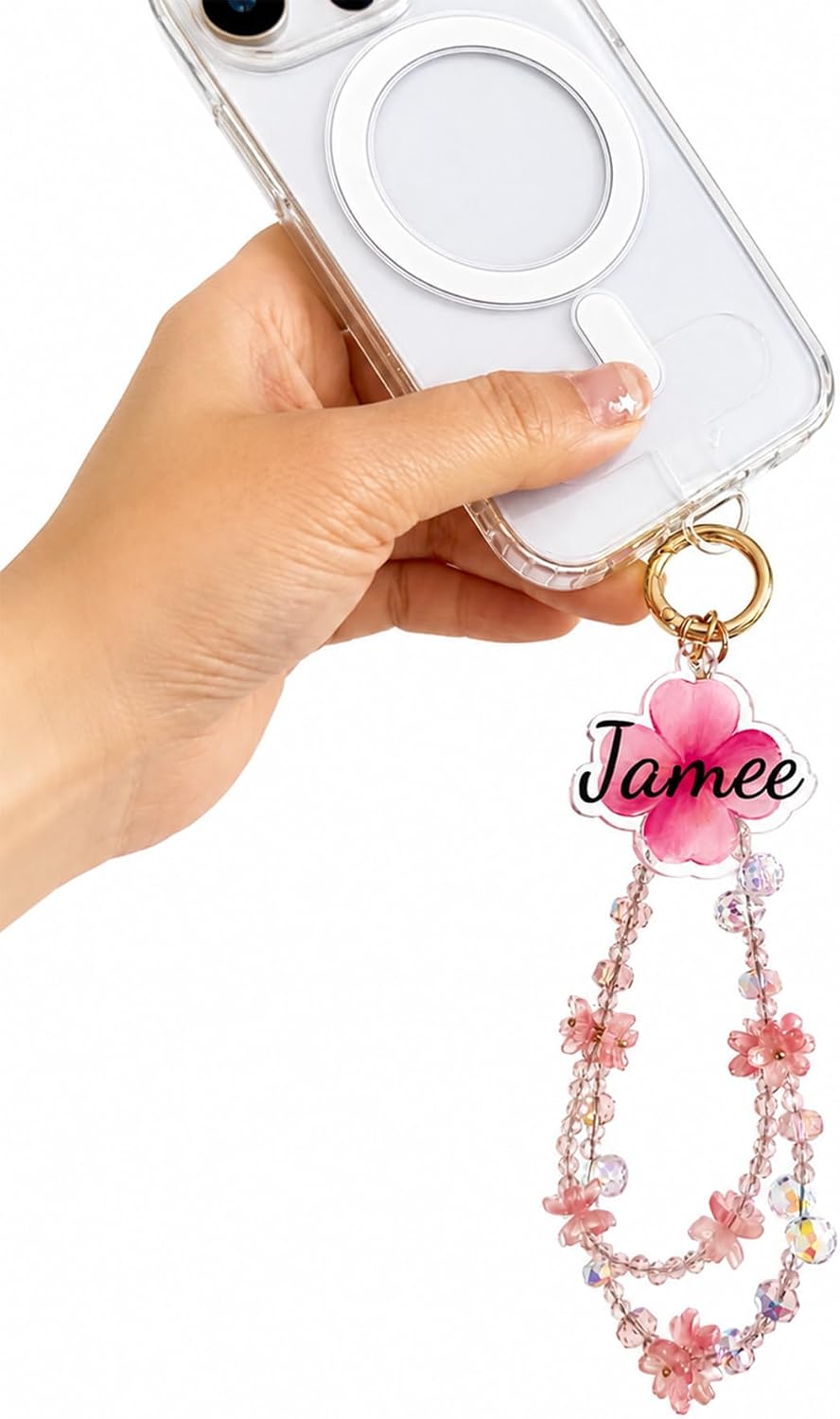 Personalized Name Phone Charm Strap, Custom Floral Beaded Phone Lanyard