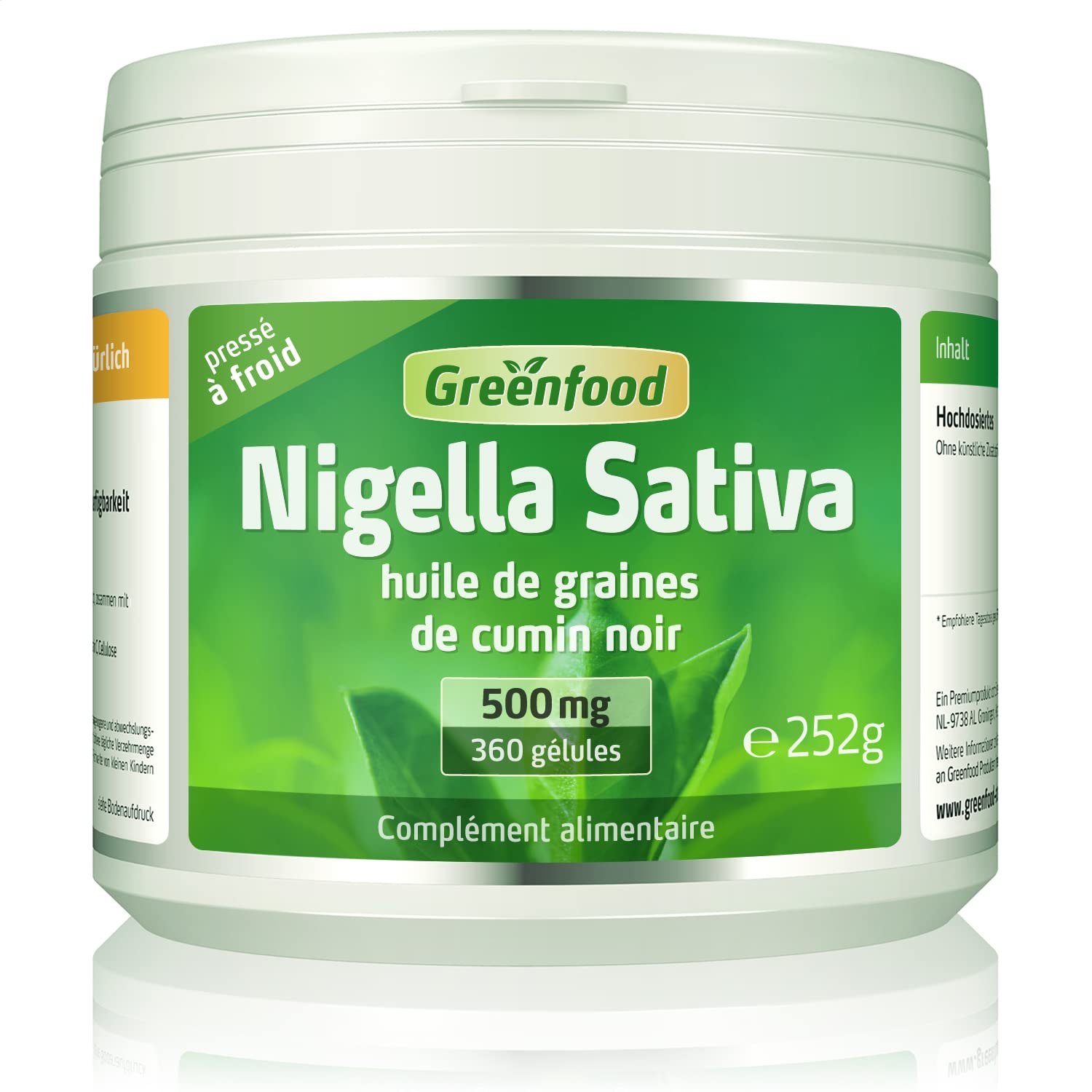 Greenfood Nigella sativa, 500 mg, dose élevée, 360 gélules - Sans additifs artificiels.
